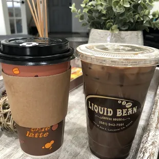 Hot white mocha and iced mocha latte with oat milk