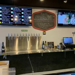 a counter with beer taps