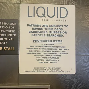 List of things not allowed to bring in, posted in the bathroom once you're ALREADY INSIDE...