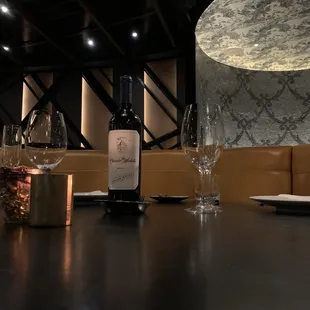 a bottle of wine and glasses on a table