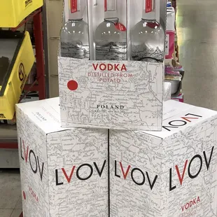 a display of vodka bottles in a store