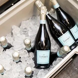 two bottles of champagne in a cooler filled with ice