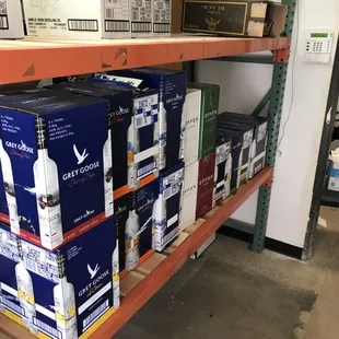 boxes of liquor on a shelf