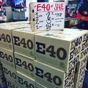 E40 malt liquor on sale. 1 for 2 dollars, 2 for 3.50, and whole case of 12 for 14.99.
