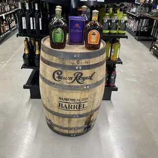 a barrel of liquor in a liquor store