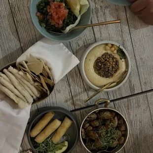 BATATA HARRA, HUMMUS BILAHME, CHEESE ROLLS,  TABBOULEH