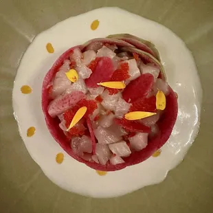 Hamachi crudo - beautiful presentation, tasted ok