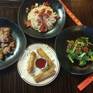 three plates of food on a table