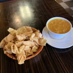 Egg drop soup with generous portion of complimentary chips