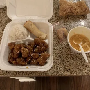 Sesame chicken take-out- includes white rice, egg roll, chips and soup. Chicken was good and NOT all breading.