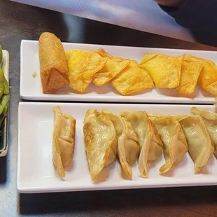Fried pot stickers(chicken), crab rangoon &amp; edamame