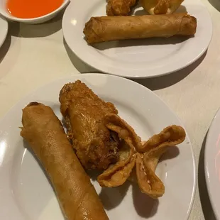 Egg rolls, crab cheese wontons, and fried wings