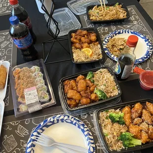 a variety of food items on a table