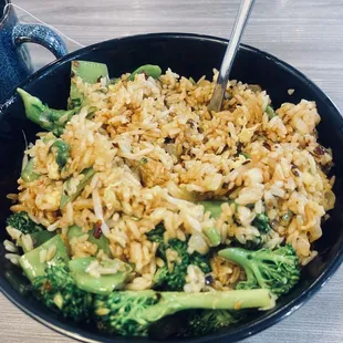 Vegetable fried rice &amp; jasmine green tea.