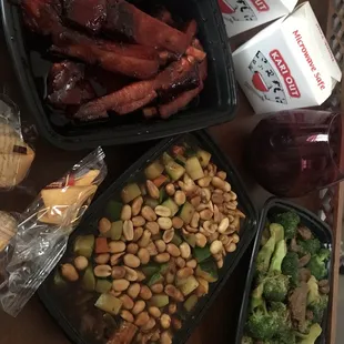 Friday spread! Bbq pork ribs, Kung Pao chicken, beef n broccoli! To-Go-To-Choices!