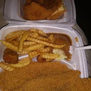 Two piece Fish, 3 shrimp. Fries and mashed potatoes. With roll.