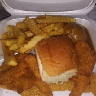 One Fish and three shrimp. Fries and Mashed Potatoes.