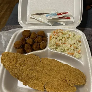 Single piece of fish with okra &amp; cole slaw