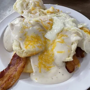 Breakfast Skillet - home fries, bacon, biscuit, gravy, eggs over easy