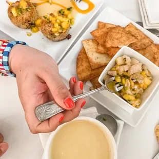Crab cake, Ceviche and Mermaid Soup