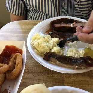 Yummy BBQ Ribs w/potato salad &amp; slaw, and Onion Rings!!!!!
