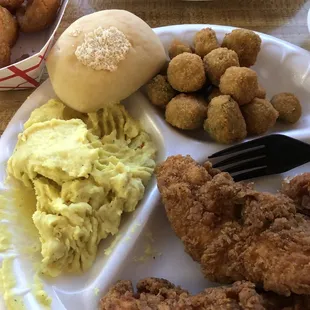 Chicken Tenders freshly battered with potato salad &amp; fried okra!!!!