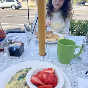Veggie omelet &amp; blueberry pancakes