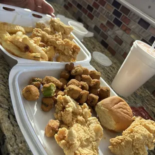 5 piece chicken tenders with French fries, fried okra, roll &amp; Fanta orange soda