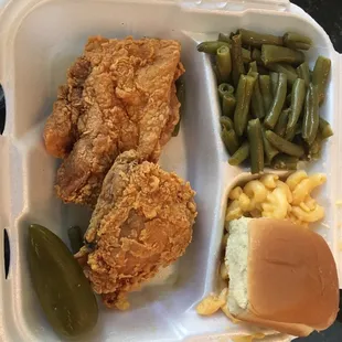 Chicken plate with green beans and Mac and cheese.
