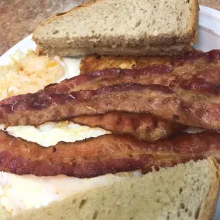 Breakfast platter with rye toast.