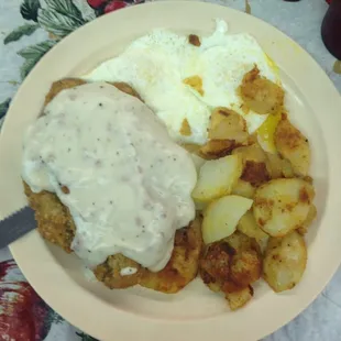 #2: country fried steak with 2 eggs, and a choice of either a biscuit or toast/ homefries or grits