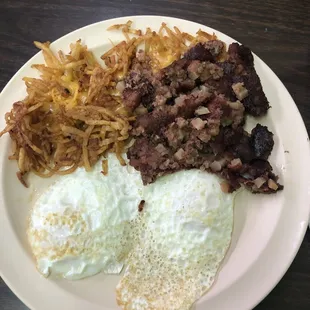 Eggs, corned beef hash and hash browns!