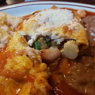 The inside of shrimp and avocado omelette