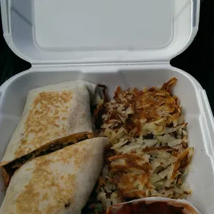 Sasuage breakfast burrito with hash browns