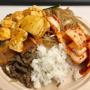 Beef Bulgogi, Chili Tofu, Japchae (Korean Glass Noodles) &amp; Kimchi w/ White Rice