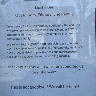 Notice of "temporary" closing.