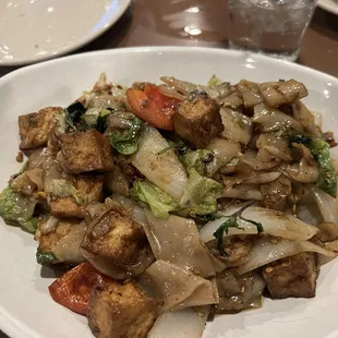 Pad kee mao (drunken noodles) with tofu ($12.15). Great flavor and deceptively large portion!