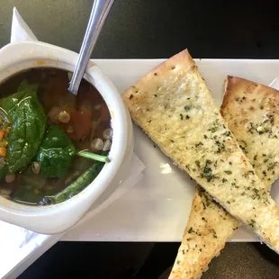 Greek Lentil Soup with Parmesan Pizza Bread.