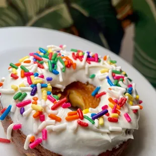 Protein Donuts with sugar free vanilla frosting with sprinkles