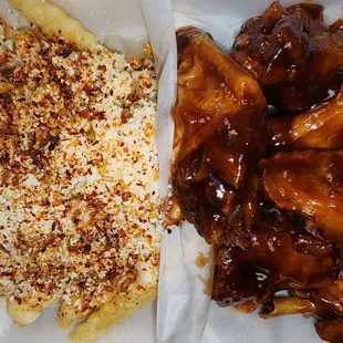 a side by side picture of chicken wings and rice