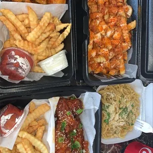 Buffalo loaded fries-Mango habanero wings-Spicy Korean wings-Garlic noodles.