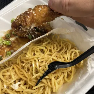 Korean chicken wings and garlic noodles.... Didn&apos;t quite make it before getting devoured