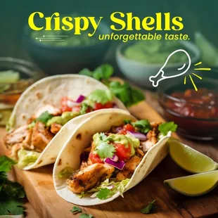 "Crunch into Flavor: Experience the Ultimate Crispy Taco Delight" with lita's Mexican! 
tender with shredded chicken, crunchy shell.