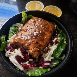 Caribbean Mango Jerk Salmon Bowl with mango dressing