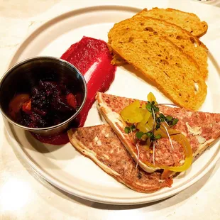 rabbit-bacon pate w. rye toasties, cherry chutney, beet mustard &amp; pickly bits