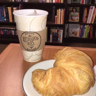 Books, Hot Chocolate, and Croissant.