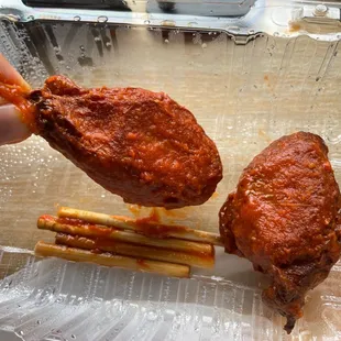 Chicken wings - they have a wood stick to give you that. Chicken wing feel