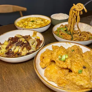 Braised Tofu with Crab Meat, Pork Belly in Hot Sauce, Shanghai Stir Fried Thick Noodle, Salted Duck Egg with Fish Fillet