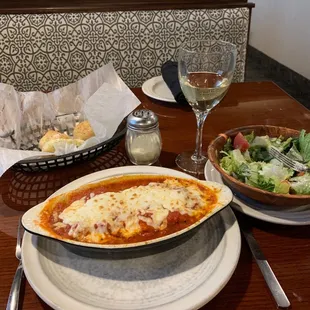 Lasagna, fresh sad and the best homemade garlic knots ever.
