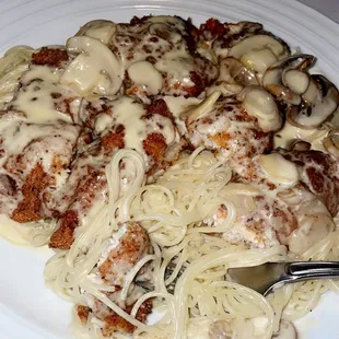 Chicken ala creama with breaded chicken and Angel hair pasta
